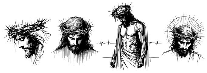 artistic sketch of Jesus Christ, showcasing his gentle features and profound serenity in a hand-drawn style black vector © Luka