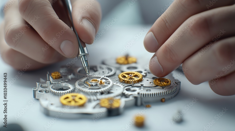 Poster precision engineering: close-up of hands meticulously assembling intricate clockwork gears, showcasi