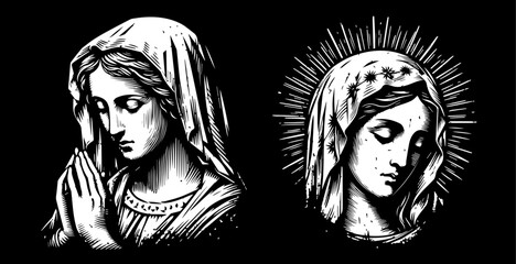 Our Lady Virgin Mary, vector illustration: Madonna, Mother of God silhouette, decorative religious icon, 