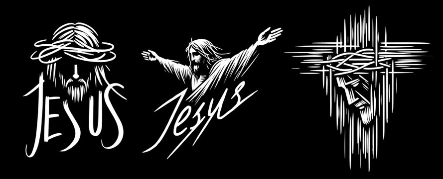 Jesus Christ Savior Messiah Son of God, vector illustration religious monochrome doodle line art style, hand-drawn pattern monoline