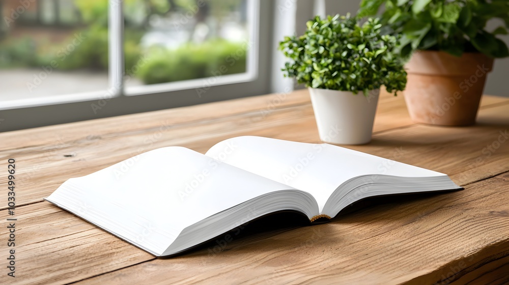 Poster clean and minimalist 3d of a white book placed on a wooden desk with ample copy space and a simple m