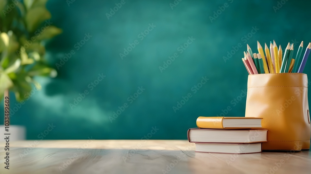 Poster minimalist 3d of an empty classroom interior with a blank chalkboard or whiteboard clean modern desi