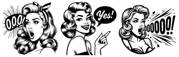 vintage pinup girl portrait illustration in black vector line art