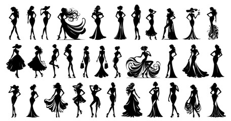 black silhouette of women in various dresses and poses logo set
