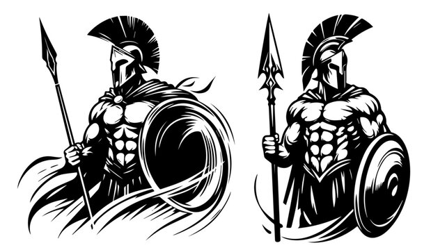 minimalist line art depiction of a spartan soldier, showcasing his shield and helmet in bold detail black vector