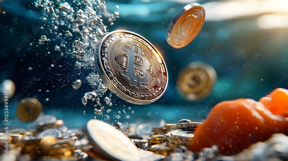 Poster floating golden silver and bronze coins with empty copy space in the middle symbolizing financial co