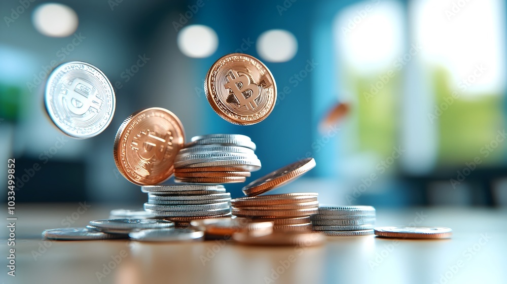 Poster floating coins with empty copy space in the middle 3d digital representing the financial theme of we