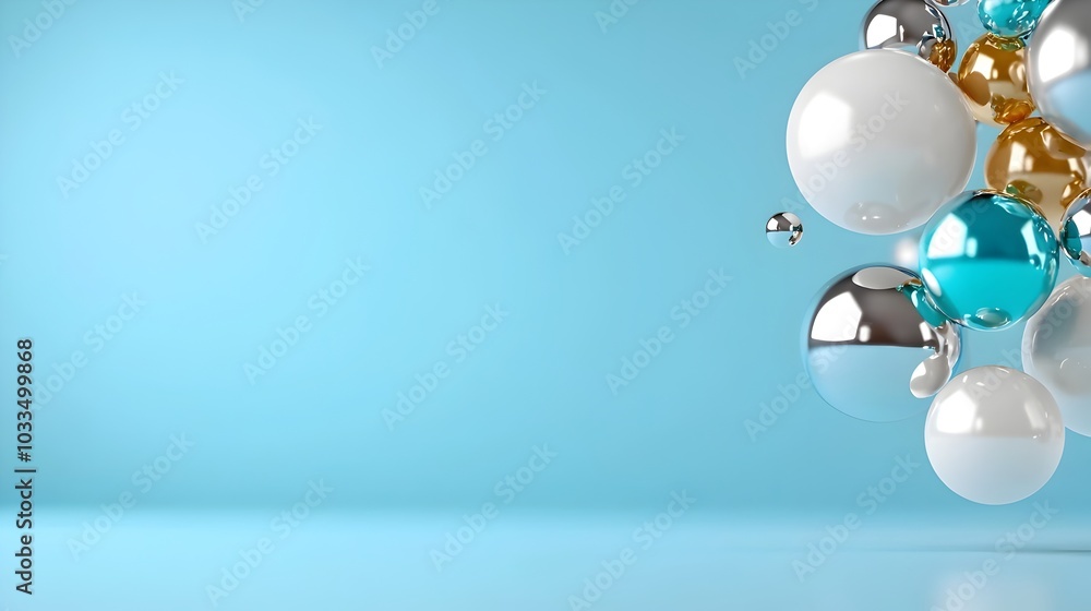 Poster floating metallic geometric shapes arranged in blank space perfect for use as a backdrop wallpaper o