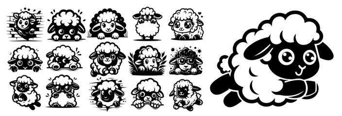 cute sheep illustrations set in cartoon style black vector