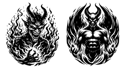 expressive line art illustrations of a devil in various poses and motions in black vector