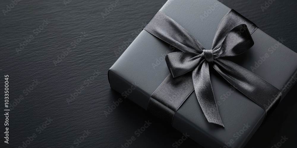 Aufkleber large gift, grey box with an elegant bow on a dark background with copy space.