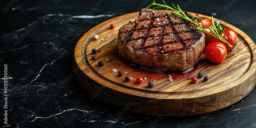 Poster grilled beef steak on a wooden platter with copy space for your text.