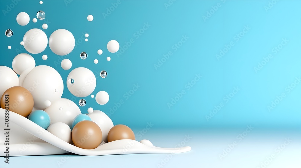 Poster minimalist 3d featuring floating geometric elements and shapes against a simple white studio backgro
