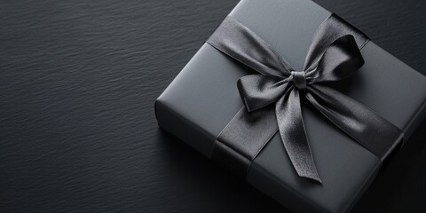 Large gift, grey box with an elegant bow on a dark background with copy space.