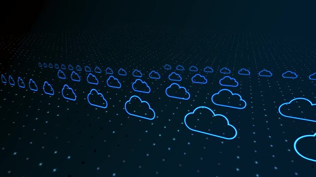 Moving blue cloud icons with neon effect in the network. Digital technology background with abstract dotted texture. Upload and download concept.  3d animation.
