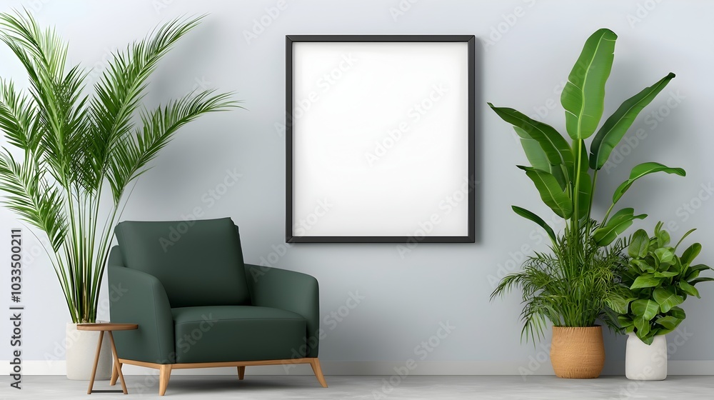 Poster blank minimalist picture frame displayed in a modern clean and sophisticated room interior design ne