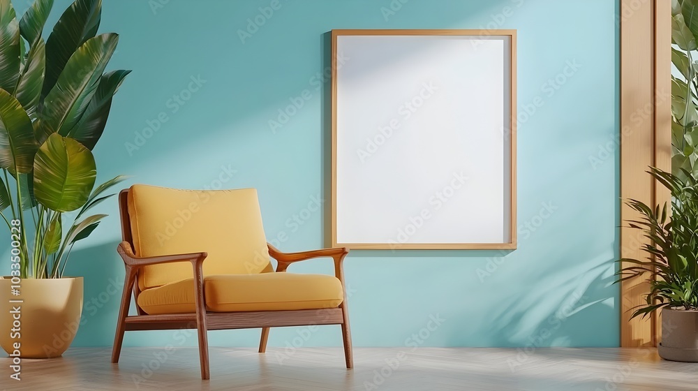 Poster blank picture frame displayed in a minimalist modern room setting with clean white walls and simple 