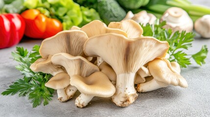 Fototapeta premium Fresh Oyster Mushrooms with Vegetables on Table