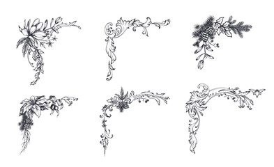 Vector collection of hand drawn vintage frame corners with flowers, plants, pine branches in black and white sketch style.