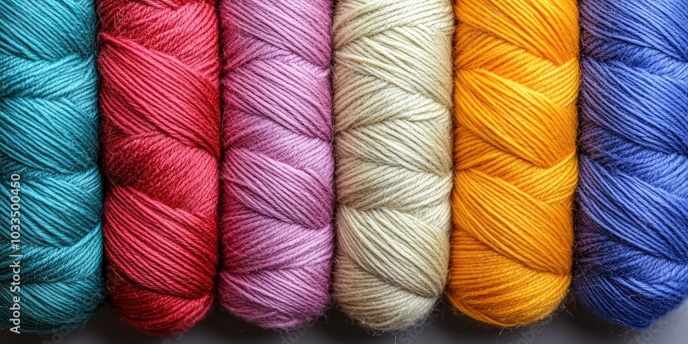 Aufkleber multicolored wool threads against a gray background close up, copy space.
