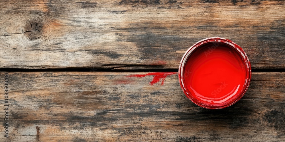 Poster red paint in a container for repairing and brushing on an old wooden background with copy space for 