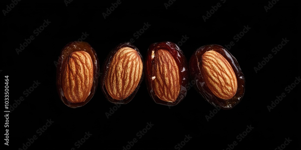 Poster dates filled with almonds, isolated against a black background. selective focus.