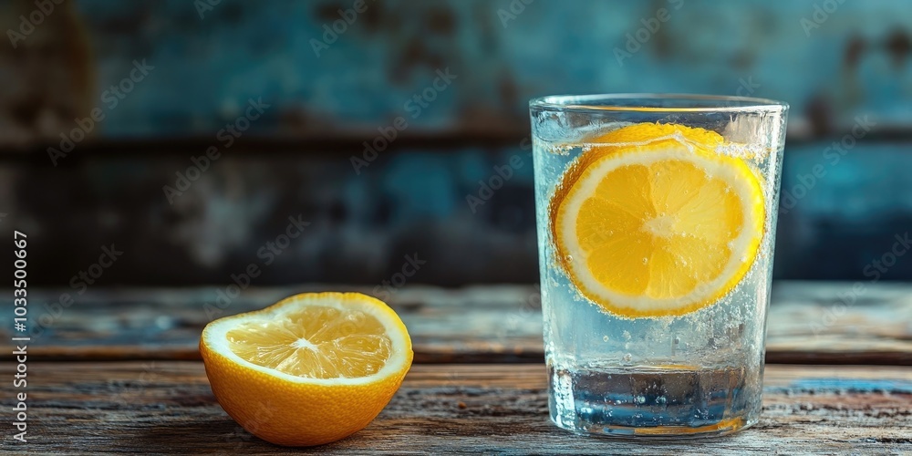 Poster lemon juice or lemonade alongside a yellow lemon slice on a wooden table background. copy space.