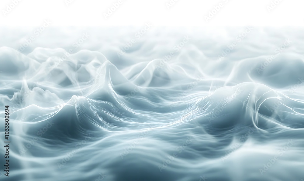 Poster a serene view of soft, undulating waves in a light blue and white palette, creating a tranquil and e