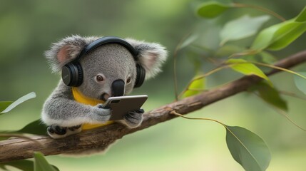 Obraz premium Koala Chillin' with Headphones and Smartphone: A cute koala bear wearing headphones and using a smartphone sits on a tree branch, enjoying its favorite tunes and apps.