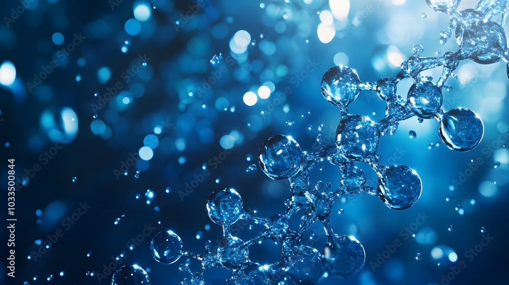 Poster abstract water molecule structure with blue bokeh background