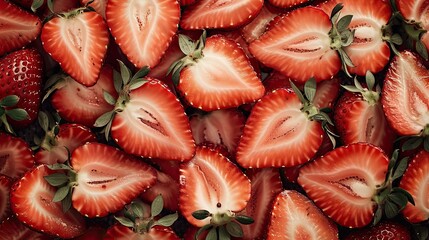 Fototapeta premium Sliced strawberries backgrounds --no text and people, human --chaos 10 --ar 16:9 Job ID: bec6d673-9387-4bb6-85b4-3109d52278b7