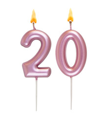 Burning pink birthday candles isolated on white background, number 20	