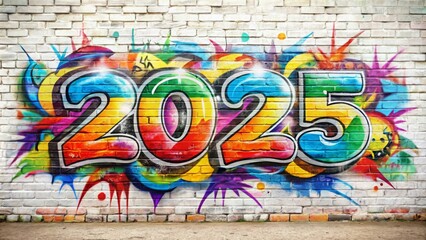 Bright graffiti with the number 2025 in colorful letters on a wall. Banner, background for New Year, celebration