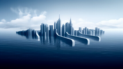 Fototapeta premium Abstract image of a city skyline with skyscrapers smoothly melting into the water, creating a surreal and dreamlike visual effect
