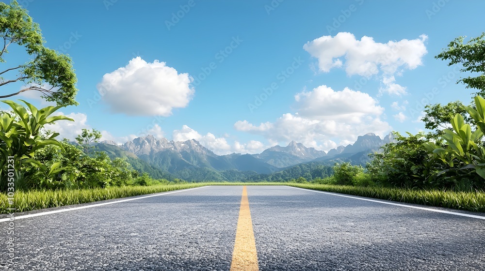 Poster serene empty asphalt road with vast clear blue sky and clouds providing ample copy space for text or