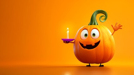 Obraz premium Cheerful cartoon pumpkin holding a candle, with a bright orange background.