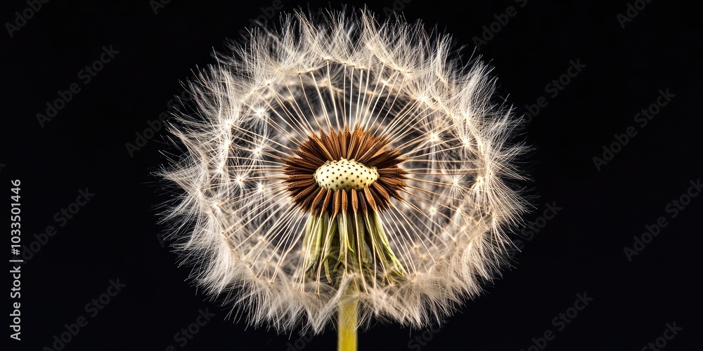 Aufkleber studio macro close-up of a dandelion flower head with seeds against a black background.