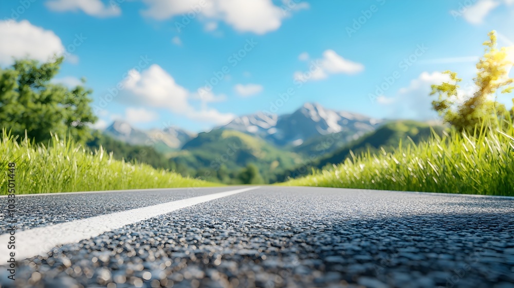 Poster serene and minimalist 3d of an empty winding road against a clear unobstructed sky providing ample c