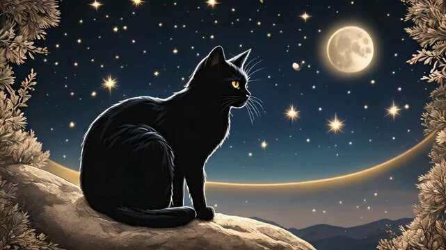 illustration of a black cat by the moonlight and a starry night sky. Animation.