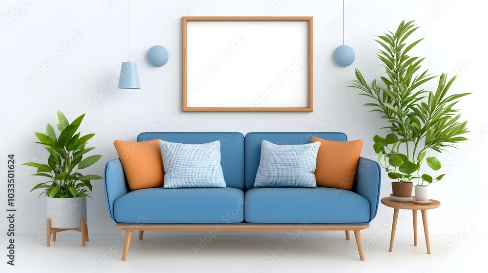 Aufkleber minimalist living room interior design with blank picture frame on the wall creating a clean and ser