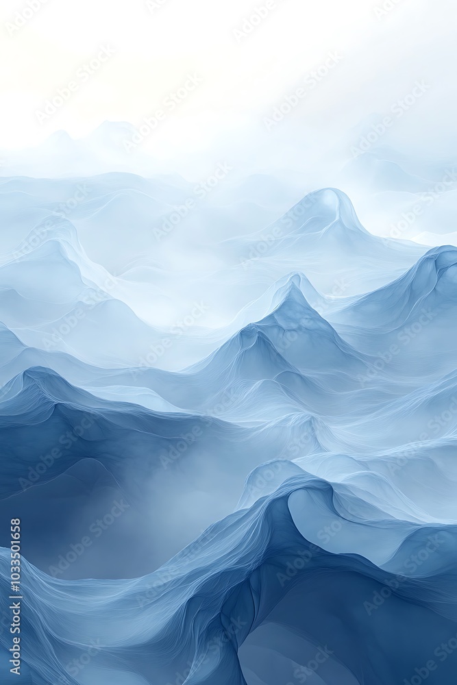Poster a serene landscape featuring ethereal blue mountains enveloped in mist, creating a calming and tranq
