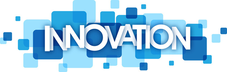 INNOVATION typography banner with blue squares on transparent background