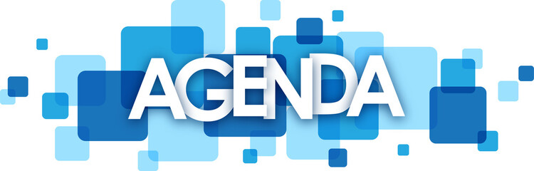 AGENDA typography banner with blue squares on transparent background