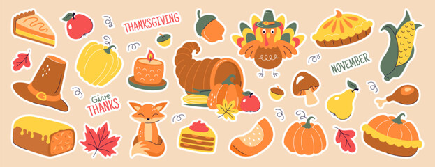 Thanksgiving scrapbook stickers. Vector set of cozy doodle autumn elements with cute turkey, fall leaves, cornucopia, vegetables, pumpkin food, pie, pilgrim hat and acorns. Harvest season symbols pack