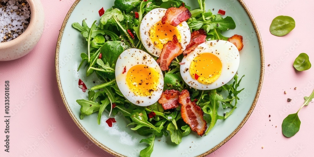 Aufkleber boiled egg and crispy bacon salad with watercress on a pink background