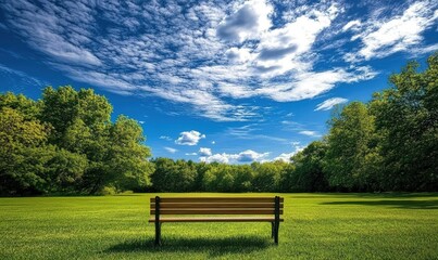 Fototapeta premium Abstract Low-Angle View of a Park Lawn Under a Blue Sky Featuring a Bench, Capturing the Essence of Outdoor Serenity and Natural Beauty, Perfectly Composed for Creative Advertising Backgrounds and AI-