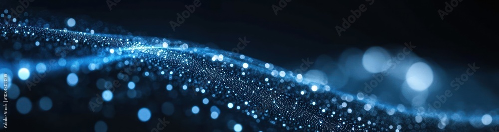 Poster abstract blue wave of light with bokeh effect on dark background.