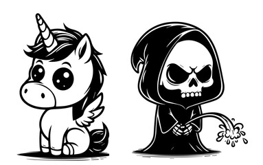 adorable baby grim reaper in various playful poses cartoon style black vector