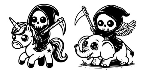 playful baby grim reaper in different cute poses black vector