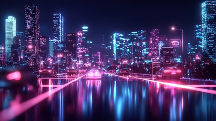 Fototapeta premium Futuristic cityscape illuminated by vibrant 5G signals, showcasing advanced technology and urban innovation.